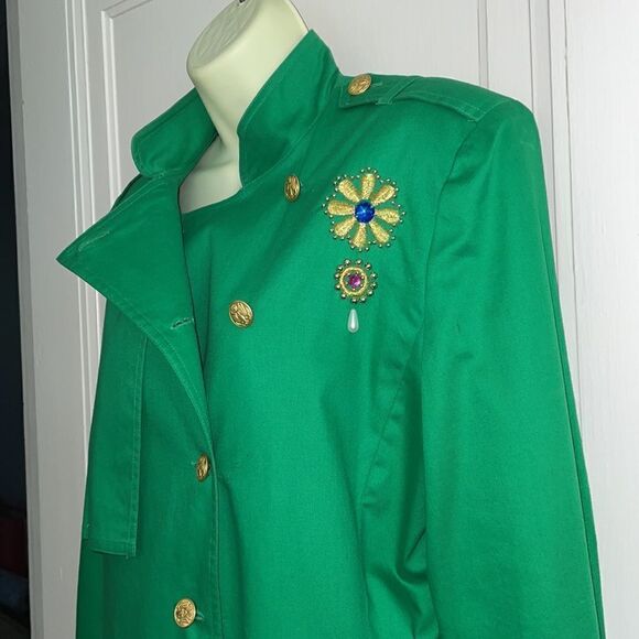 Vintage 80s Linda Lewis green cotton military style long jacket or coat dress - Picture 3 of 11